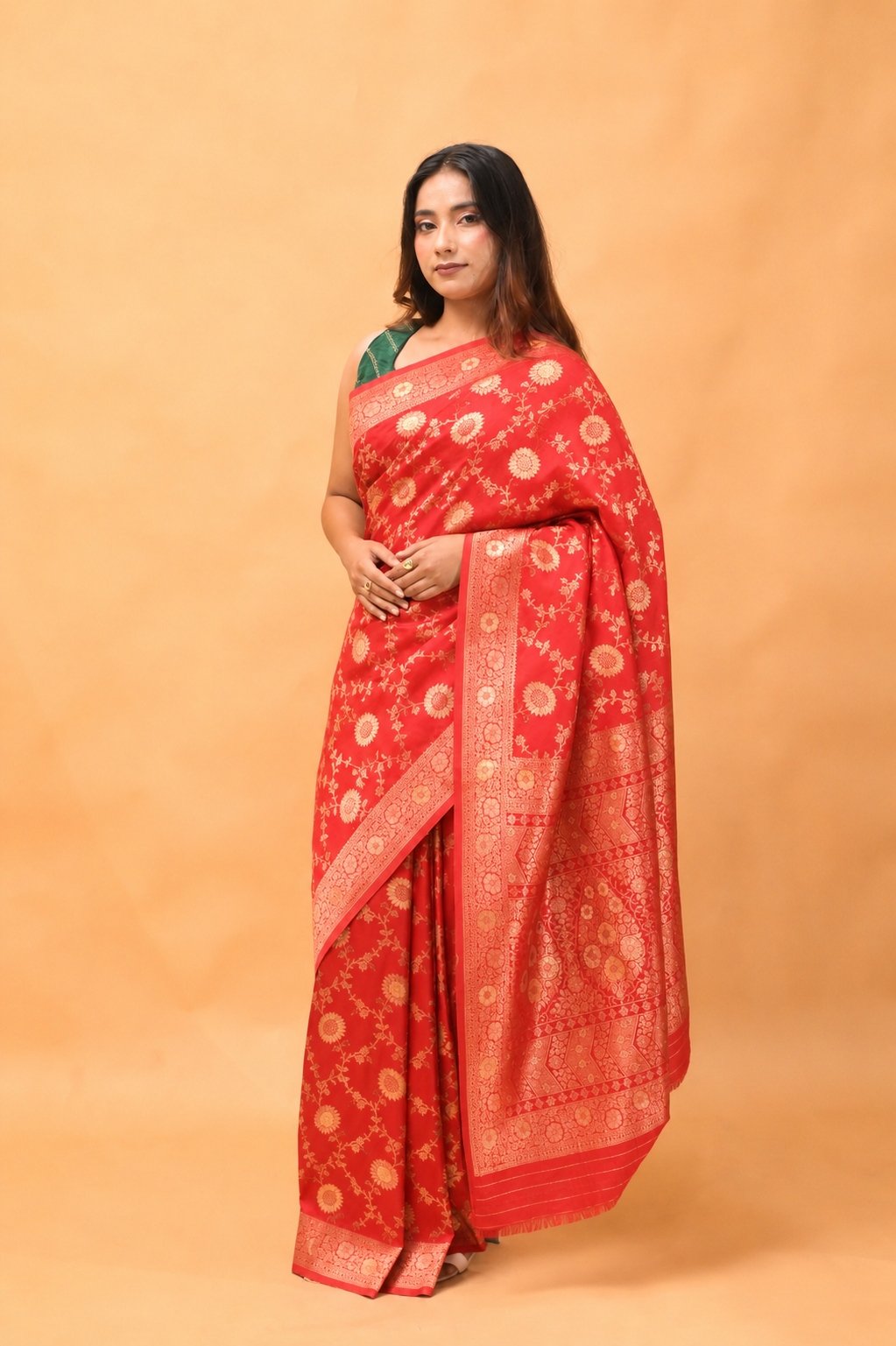 Vermilion Red Banarasi Brocade Saree With Handwoven Floral Jangla Design